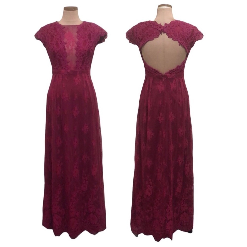 Monique Lhullier Raspberry Romance Maxi Dress Size 4 Dark Pink Red Floral Lace